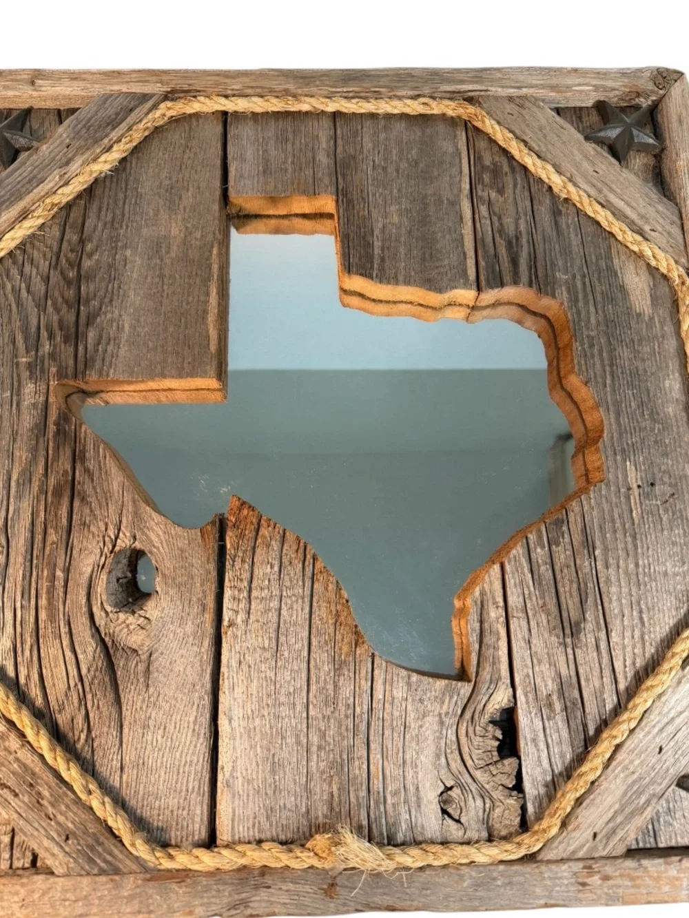 Rustic Cedar Wood Texas Shaped Wall Mirror, Rope, Stars, 17